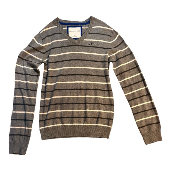 Heather grey with white and dark grey strip Aeropostale Sweater Small! - Picture 2 of 4